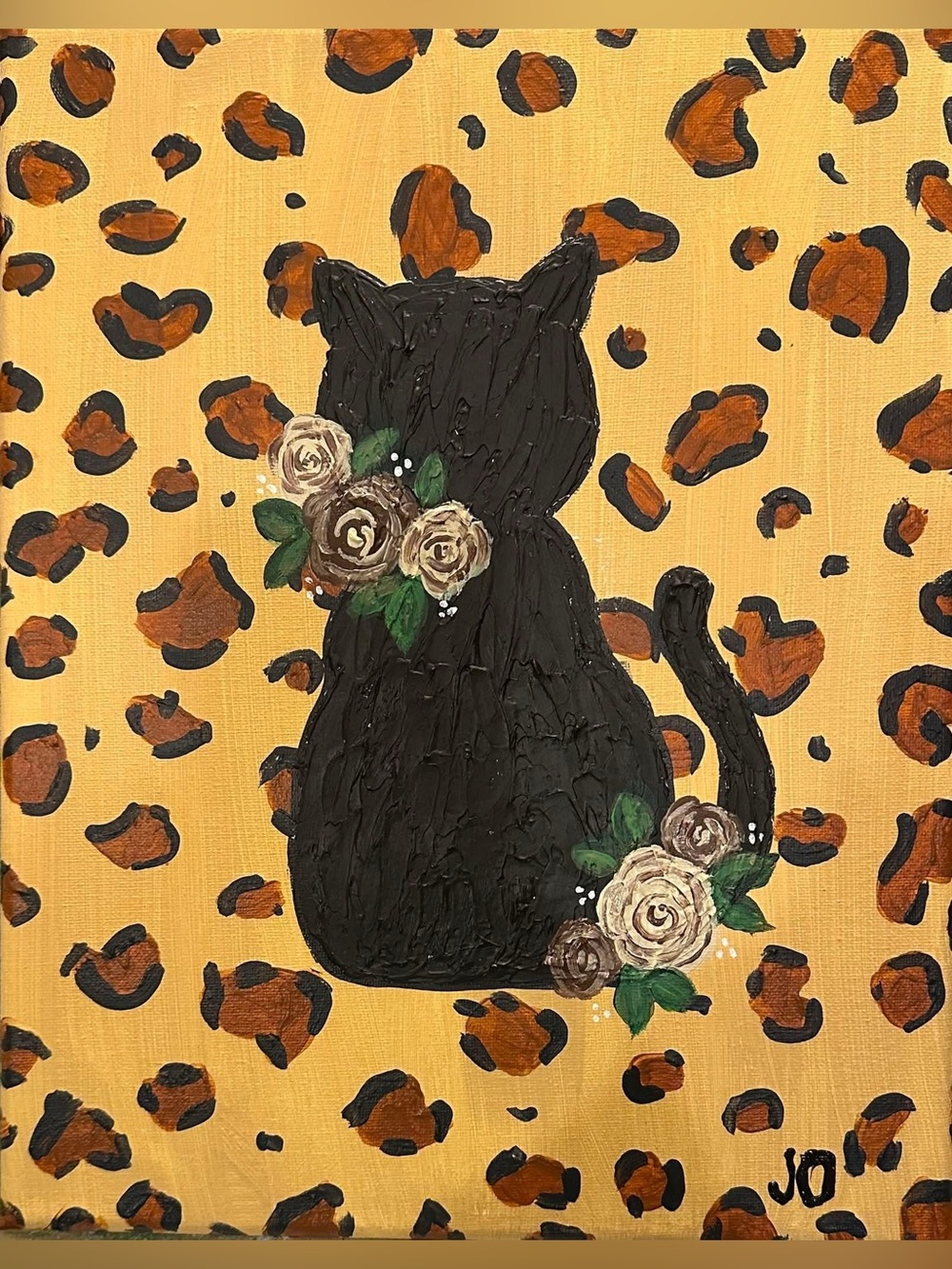 Black Cat Floral Canvas Wall Art - Leopard Accent